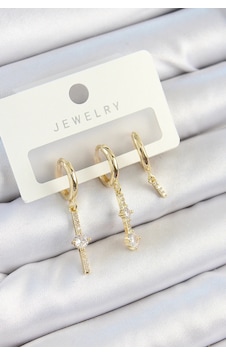 Pirinç Zirkon Taşlı Sallantılı Model Gold Renk 3'lü Çift Kadın Küpe Set 5886 Çok Renkli Pirinç Zirkon Taşlı Sallantılı Model Gold Renk 3'lü Çift Kadın Küpe Set 5886 Çok Renkli