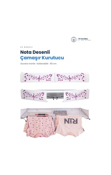 Fd Global Nota Desenli Duvara Monte Katlanır Çamaşır Kurutma Askısı 80 Cm Balkon Askılık Beyaz Beyaz