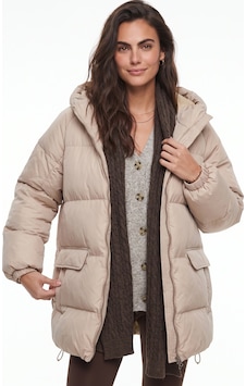 Onloox Kadın Bej Bej Polyester Kumaş Yarasa Kol Oversize Kapüşonlu Detaylı Şişme Mont