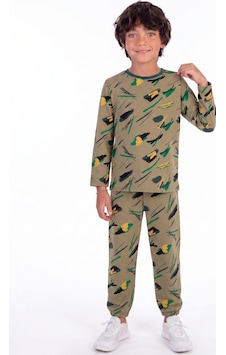 Onloox Erkek Haki Yeşil Erkek Çocuk Haki Yeşil Pamuklu Bisiklet Yaka Lastikli Paça Regular Desenli Pijama Takımı 4-7 Yaş