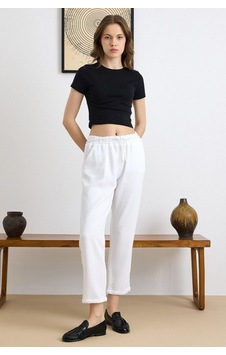 Olcay Bağcık Detaylı Beli Lastikli Soft Denim Pantolon Beyaz 7586 Olcay Bağcık Detaylı Beli Lastikli Soft Denim Pantolon Beyaz 7586
