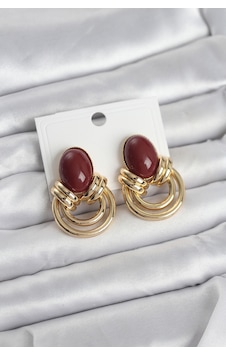 Pirinç Gold Renk Bordo Taşlı Vintage Kadın Küpe 6413567 Pirinç Gold Renk Bordo Taşlı Vintage Kadın Küpe 6413567