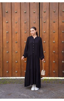 Polologin Butik Gömlek Yaka Çok Katlı Maxi Elbise - Siyah Siyah Polologin Butik Gömlek Yaka Çok Katlı Maxi Elbise - Siyah Siyah