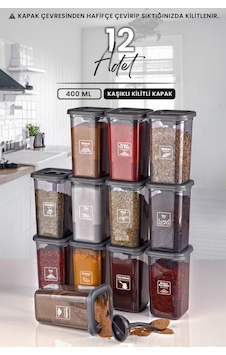 KitchenLife Etiketli Kilitlenebilir Kapaklı Kendinden Kaşıklı Baharatlık Seti 12'li Siyah - Şeffaf