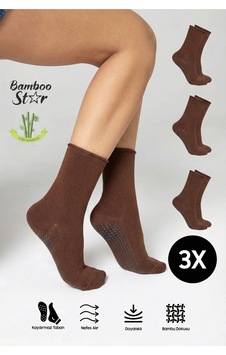 Bamboo Star Bambu Kaydırmaz Taban Silikon Baskı Umre Tavaf Umre Hamile Yoga Kahverengi Lastiksiz Çorap 3'lü Bamboo Star Bambu Kaydırmaz Taban Silikon Baskı Umre Tavaf Umre Hamile Yoga Kahverengi Lastiksiz Çorap 3'lü