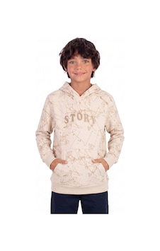 Onloox Erkek Bej Erkek Çocuk Bej Pamuklu Kapüşonlu Uzun Kollu Tam Kalıp Nakışlı Kanguru Cepli Sweatshirt 9-10 Yaş