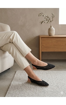 Ciel Noir Kadın Pudra Örgü Detaylı Arkası Açık Babet / Triko Slingback Yazlık Ayakkabı Siyah