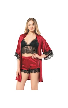 Kubatex Braletli Güpürlü Saten Babydoll Ve Sabahlık - Üçlü Takım Kırmızı