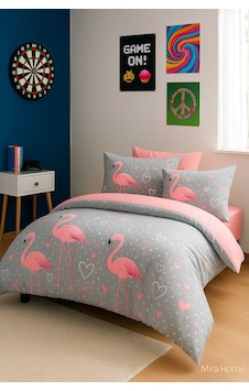 Flamingo Desenli Pamuklu Tek Kişilik Nevresim Takımı Beyaz