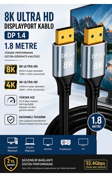 8k Displayport Kablo Dp 1.4 1.8 Metre Ultra Hd Altın Uçlu Gaming Monitör Kablosu