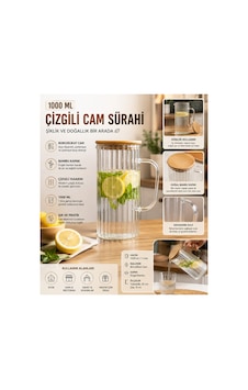 1000 Ml Bambu Kapaklı Çizgili Cam Sürahi 1 Litre Borosilikat Cam Su, Limonata Ve İçecek Sürahisi
