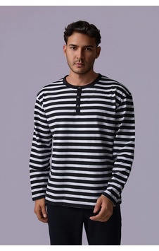 Defys Erkek Çıtçıt Detaylı Uzun Kollu Regular Fit Çizgili Tişört Siyah-beyaz - 611495481 Siyah-beyaz