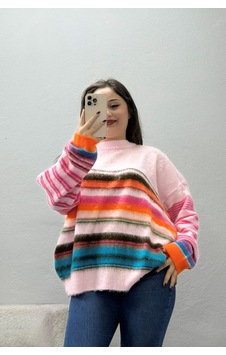 Belendir Kadın Triko Çizgili Kazak Pembe