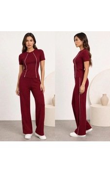 Defymoda Kadın Biye Detay Pantolonlu Takım Bordo