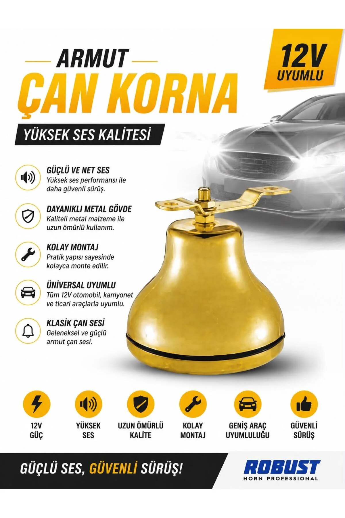 Çan Korna 12v Yüksek Ses Kalitesi Oto Korna Armut Tip Altın Renk Korna