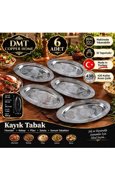 430 Kalite Krom Çelik 6 Adet İşlemeli Kayık Tabak 35 Cm İskender, Kebap, Pilav Ve Salata Sunum Tabağı Gümüş 430 Kalite Krom Çelik 6 Adet İşlemeli Kayık Tabak 35 Cm İskender, Kebap, Pilav Ve Salata Sunum Tabağı Gümüş