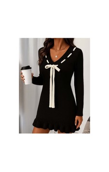 Butik İstanbul Kadın Uzun Kollu V Yakalı Yakadan Bagcıklı Kısa Triko Elbise Siyah Butik İstanbul Kadın Uzun Kollu V Yakalı Yakadan Bagcıklı Kısa Triko Elbise Siyah