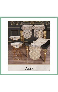 Bşkvirgo 5 Parça Alya Gold Dantelli Salon Takımı Runner Masa Örtüsü Modern Tasarım Bsk2026