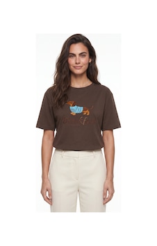 Onloox Kadın Kahverengi Kahverengi Pamuklu Bisiklet Yaka Oversize Nakış Ve Boncuk İşlemeli Kısa Kollu T-shirt