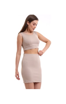 Winmoda34 Kadın Etek-crop 2li Takım Fitilli Kumaş Full Likralı Bej