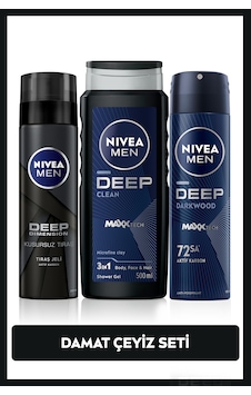 Nivea Men Erkek Damat Çeyiz Bohça Seti Banyo ve Duş Jeli 500 ML + Tıraş Jeli 200 ML + Sprey Deodorant 150 ML Nivea Men Erkek Damat Çeyiz Bohça Seti Banyo ve Duş Jeli 500 ML + Tıraş Jeli 200 ML + Sprey Deodorant 150 ML