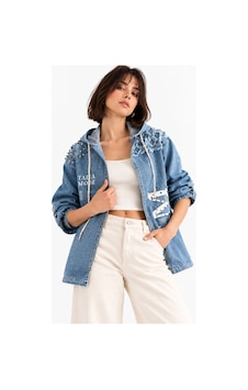 Saade Açık Mavi İnci Detaylı Kapüşonlu Desenli Denim Ceket Saade Açık Mavi İnci Detaylı Kapüşonlu Desenli Denim Ceket