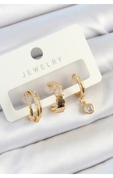 Pirinç Zirkon Taşlı Halka Model Gold Renk 3'lü Çift Kadın Küpe Set 5886 Çok Renkli Pirinç Zirkon Taşlı Halka Model Gold Renk 3'lü Çift Kadın Küpe Set 5886 Çok Renkli