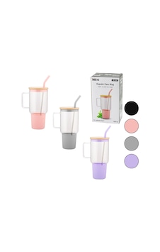 Cam 1000ml Matara - Suluk Bambu Kapak - Sızdırmaz Silikonlu Çelik Pipet Koruyucu Silikon Altlık - Kılıf Çok Renkli