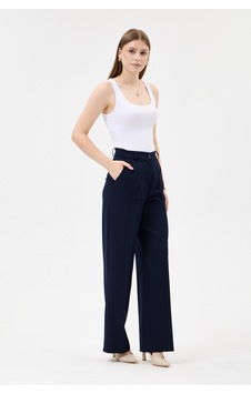 Velnara Moda Lacivert Boru Paça Cepli Yüksel Bel Dokuma Kumaş Klasik Kadın Pantolun Lacivert - 918013923 Lacivert