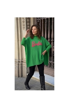 Onno Style Women Barbie Nakışlı Yırtmaçlı Triko Kadın Panço Yeşil Onno Style Women Barbie Nakışlı Yırtmaçlı Triko Kadın Panço Yeşil