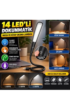 Dilaratrendhouse Usb Girişli 14 Ledli 3 Kademeli Dokunmatik Masa/kitap Okuma Lambası Ledi Siyah Dlra