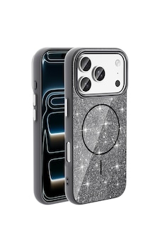 İphone 18 Pro Max Kılıf M-safe Şarj Özellikli Parlayan Simli Zore Okso Kapak - Siyah