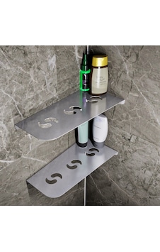 Paslanmaz Çelik 2 Katlı Köşe Banyo Rafı Sedir Model 30,3x15,3 Cm - Yapıştırmalı & Vidalı Montaj Gri