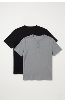 Defys Erkek Henley Yaka %100 Pamuklu Rahat Kesim Günlük Basic 2'li Tişört Seti Siyah Gri - 875258611 Siyah Gri