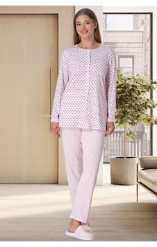 Lohusa Sepeti Lohusasepeti Puantiyeli Büyük Beden Önden Düğmeli Lohusa Pijama Takımı Pembe - 5918 001