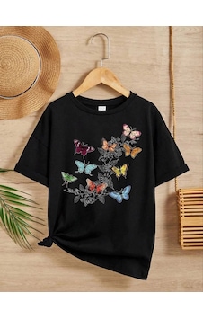 Barlashive Kız Çocuk Bisiklet Yaka Baskılı T-shirt - Siyah Çok Renkli