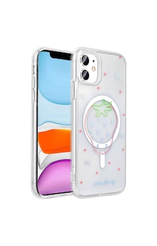 Apple Uyumlu iPad iPhone 11 Kılıf M-safe Şarj Özellikli Şeffaf Zore Folk Sert Kapak Çilek Apple Uyumlu iPad iPhone 11 Kılıf M-safe Şarj Özellikli Şeffaf Zore Folk Sert Kapak Çilek