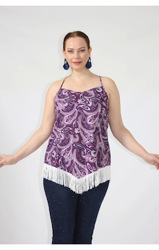Moda Berray 3280 Etnik Desenli Eteği Saçaklı İnce Askılı Yazlık Bluz Mor