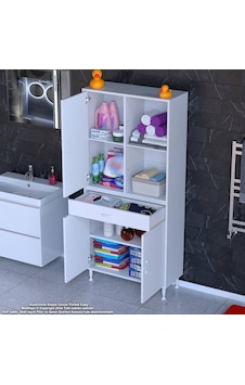 Modilayn Afra 80x173x32,5 Cm 1 Çekmece 3 Kapak 3 Raf 6 Bölme Çok Amaçlı Banyo & Mutfak Dolabı Beyaz