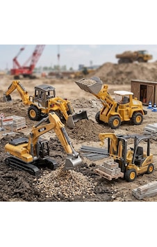 Diecast Oyuncak Metal İnşaat Araçları,iş Makineleri Seti Kepçe Bulldozer Forklift 4'lü Set Kutulu Sarı