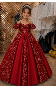 Pırıltı Çocuk Abiye Ve Gelinlik Kız Çocuk Madonna Yaka Abiye - Gelinlik Kırmızı Pırıltı Çocuk Abiye Ve Gelinlik Kız Çocuk Madonna Yaka Abiye - Gelinlik Kırmızı