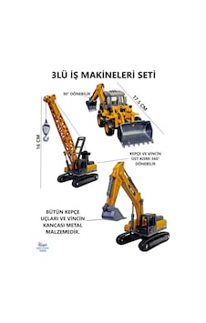 3'lü İş Makinesi Seti Kepçe, Vinç, Kazıcı-yükleyici - Metal Uçlu İş Makinaları Küçük Boy 3'lü İş Makinesi Seti Kepçe, Vinç, Kazıcı-yükleyici - Metal Uçlu İş Makinaları Küçük Boy