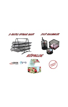 3 Katlı Metal Evrak Rafı + Kalemlik Seti + Küp Not Kağıdı