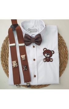 Coolpartyshop Erkek Çocuk Ayıcık Konseptli Askı Papyon Gömlek Kahverengi