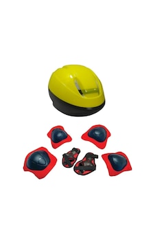 Çocuk Kask Dizlik Kaykay Bisiklet Scooter Paten İçin Kask Dizlik Dirseklik Ellik Koruma Sarı Kırmızı
