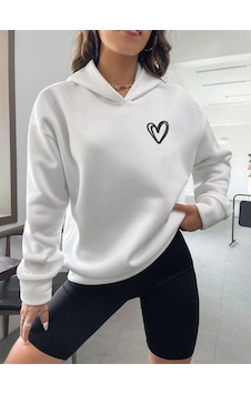Altamira Unisex Beyaz Kalp Baskılı Oversize Kapşonlu Sweatshirt 001