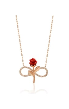 Zirkon Taşlı Rose Gül Motifli Sonsuzluk Gümüş Kolye Rn10279