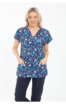 Likralı Cerrahi, Doktor, Hemşire, Veteriner, Dişçi, Desenli, Renkli Forma Tek Üst Scrubs Baykuş