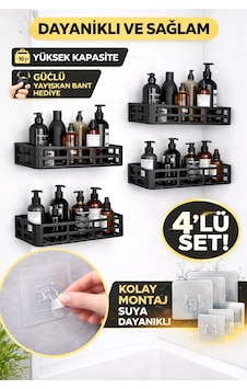 Duş İçi Yapışkanlı Banyo Rafı 4 Lü Set Delme Yok Güçlü Yapışkan Bantlı Organizer Siyah