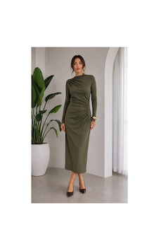 Gül&can Butik Haki Yeşili Drapeli Triko Midi Elbise Haki Gül&can Butik Haki Yeşili Drapeli Triko Midi Elbise Haki